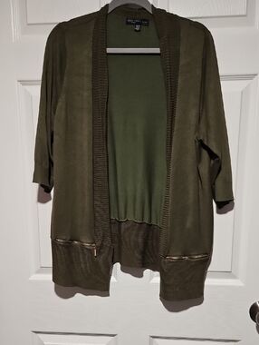 Joan Vass Olive Green Open-Front Cardigan
